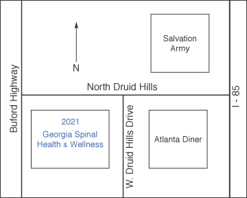 Map showing the relations between georgia spinal building and Buford Highway, Noth Druid Hills, Druid Hills Drive and the atlanta diner and salvation army building Atlanta