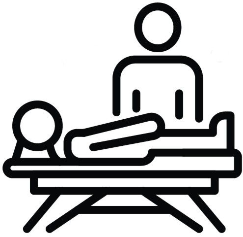 Outline icon of a person lying on a medical examination table with another person standing beside them, possibly a healthcare provider.