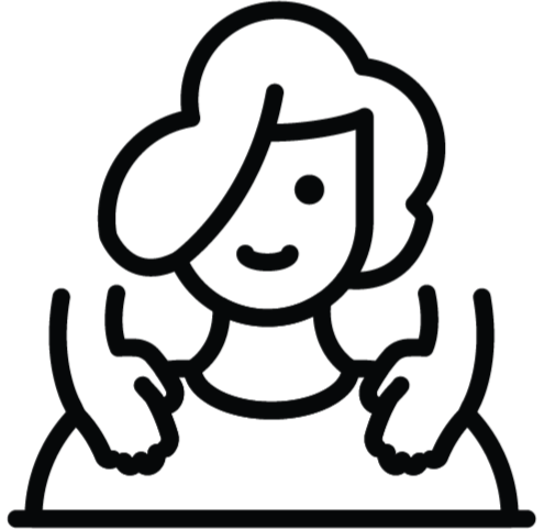 Line drawing of a person smiling with both hands resting on a surface in front of them, fingers curled downward.