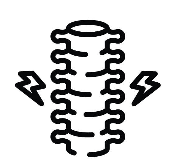 Black and white icon of a human spine with two lightning bolts on either side, symbolizing back pain or spinal discomfort.