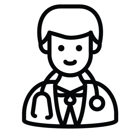Black and white line drawing of a person wearing a stethoscope around their neck, representing a doctor or healthcare professional.