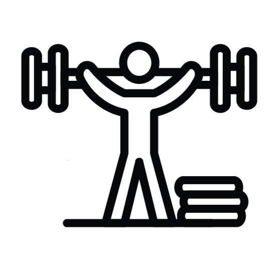 A stick figure lifts a barbell overhead with three stacked weights next to them, representing weightlifting or strength training.