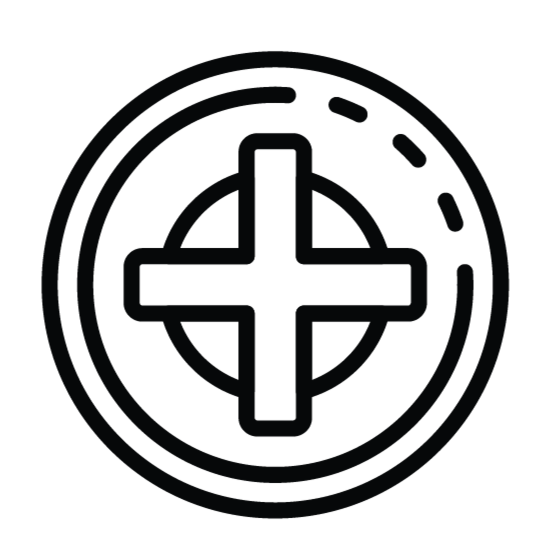 Black and white icon of a circle with a cross inside, resembling a medical or first aid symbol.
