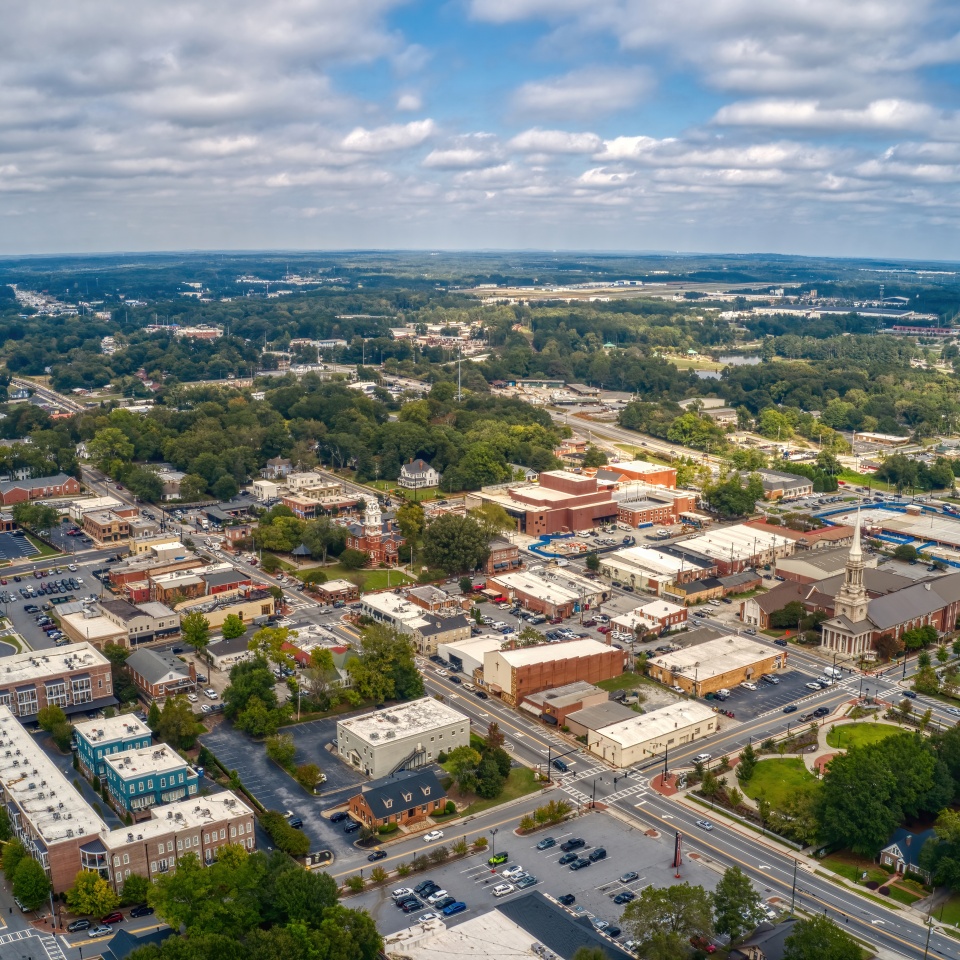 Aerial View of the Atlanta Outer Ring Suburb of Lawrenceville, Georgia