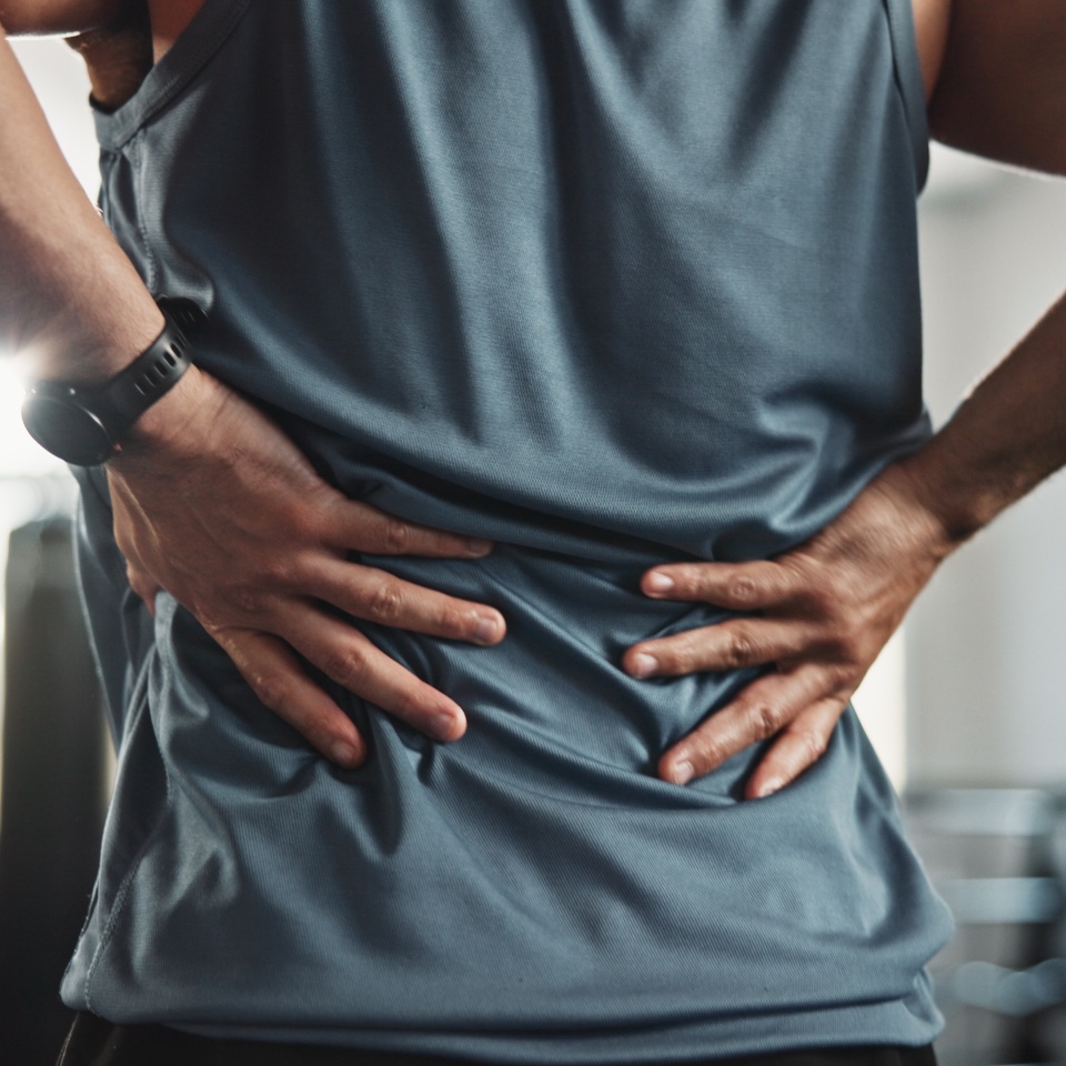 Man, hands and back injury with pain at gym for muscle tension, workout accident or sprain. Closeup, male person or athlete with sore spine, pinch nerve or ache for joint inflammation at health club