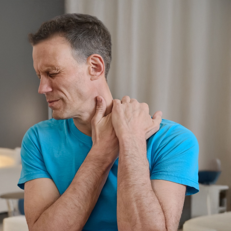 Sad young man holding hands on neck suffering from pain. Man holding painful neck at home, suffering from pinched nerve or muscle tension