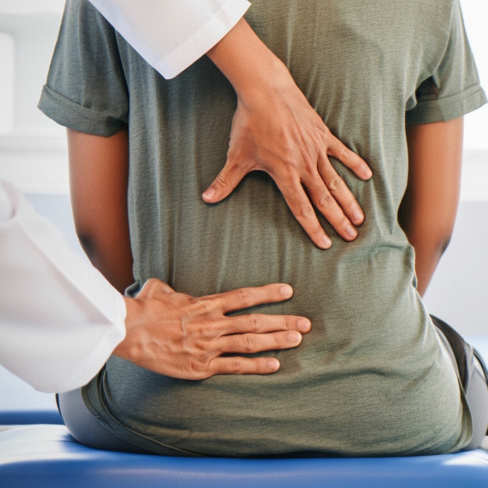 A doctor examines a male patient suffering from lower back pain, with hands on the affected area, highlighting healthcare, diagnosis, and treatment. Ideal for medical, wellness, and rehabilitation